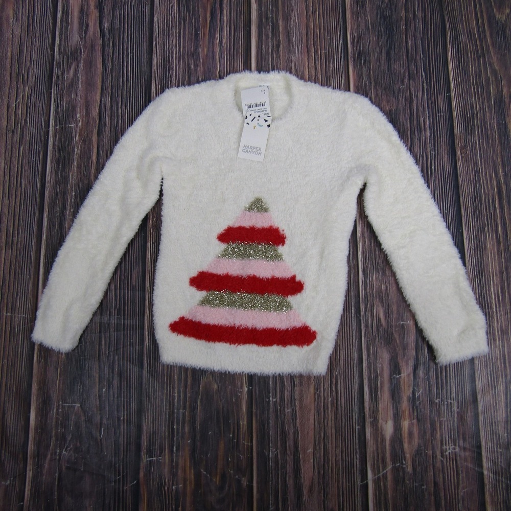 Harper Canyon Sweater Girls 6 White Fuzzy Christmas Tree Pullover‎ Holiday Cozy